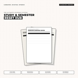 Könnte beinhalten: Ein digitaler akademischer Planer mit dem Titel Study & Semester Reset Hub von Lumaveil Digital Studio. Das ausfüllbare PDF enthält eine Semester Command Center-Seite mit linierten Abschnitten, einen Noten-Tracker sowie Beschriftungen für 8 Seiten, Spaced Recall, GPA Tracker und Bio-Feedback.