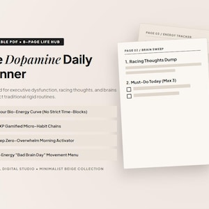 Könnte beinhalten: Ein druckbarer 8-seitiger PDF-Tagesplaner mit dem Titel The Dopamine Daily Planner. Das Dokument enthält Abschnitte für einen Brain Sweep, einen Energie-Tracker, eine 12-Stunden-Bio-Energie-Kurve und spielerische Mikro-Gewohnheitsketten.
