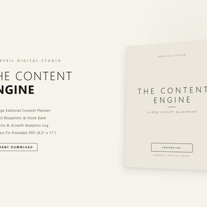 Pode incluir: Um documento digital intitulado The Content Engine da Lumaveil Digital Studio. Inclui um planejador de conteúdo editorial de 6 páginas, modelos de roteiro, um banco de ganchos e um registro de métricas. O documento é um PDF imprimível de 21,59 cm por 27,94 cm.