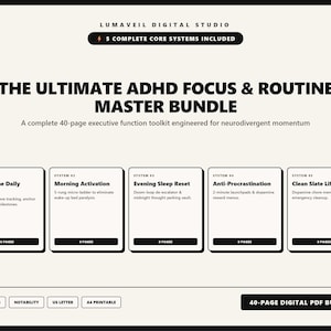 Könnte beinhalten: Ein 40-seitiges digitales PDF-Paket mit dem Titel The Ultimate ADHD Focus & Routine Master Bundle von Lumaveil Digital Studio. Es enthält fünf Kernsysteme: Dopamine Daily Planner, Morning Activation, Evening Sleep Reset, Anti-Procrastination und Clean Slate Life Reset, kompatibel mit Goodnotes, Notability, US Letter und A4.