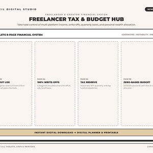 May include: A digital financial planner titled Freelancer Tax & Budget Hub by Lumaveil Digital Studio. The layout features four sections: Payout Log, 100% Write-Offs, Tax Reserve, and Zero-Based Budget, with a bottom bar stating Instant Digital Download.