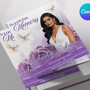 Puede incluir: Una plantilla de programa funerario con el retrato de una persona con vestido blanco, gráficos de rosas moradas y palomas blancas. El texto incluye In Loving Memory, Amelia Johnson, New Hope Church, Sunrise March 10, 2020, Sunset March 10, 2026 y Forever in our hearts.