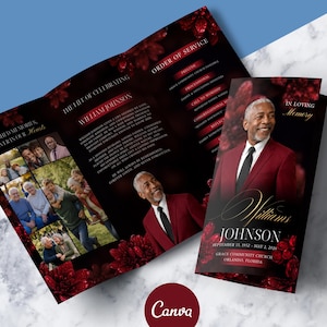 Red Trifold Funeral Program Template Canva, 17x11 Funeral Program, Order of Service Funeral, Celebration of Life Program, Obituary Template