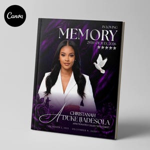 May include: A memorial book cover featuring a portrait of a person in a white blazer against a dark purple background with feathers and roses. Text reads: IN LOVING MEMORY, 25TH OF JULY, 2026, CHRISTANAH DUKE IJADESOLA, OCTOBER 1, 1935 - DECEMBER 9, 2023.