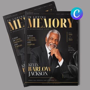 Può includere: Un modello di programma commemorativo con sfondo nero e testo dorato. La copertina mostra il titolo In Loving Memory, il ritratto di un uomo in abito e il nome Kevin Barlow Jackson. Il testo include le date 1950 e 2023, oltre a frasi ispiratrici.