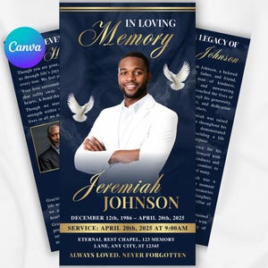 Könnte beinhalten: Eine Vorlage für ein Trauerprogramm mit dunkelblauem Hintergrund, goldener Schrift, einem Porträt eines Mannes im weißen Anzug und zwei weißen Tauben. Der Text enthält IN LOVING MEMORY, Jeremiah Johnson, 12. Dezember 1986 – 20. April 2025 und Service-Details.