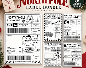 Santa Mail Sticker Label Bundle, 5 Canva Editable Thermal Label Designs, North Pole Christmas Labels, 4x6 Shipping Labels, Digital Download