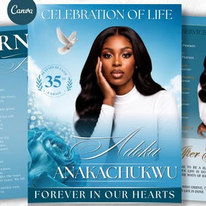 12 Pages Sky Blue Funeral Program Template, Bi-Fold (8.5x11 in) Memorial Booklet, In Loving Memory, Obituary Celebration Of Life Program