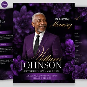Op de afbeelding: Een sjabloon voor een uitvaartprogramma met een portret van een glimlachende man in een paars pak en zwarte das. Het ontwerp bevat donkerpaarse bloemaccenten, de tekst IN LOVING MEMORY, de naam Williams JOHNSON en de data 15 SEPTEMBER 1952 – 2 MEI 2026.