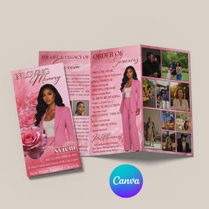 May include: A tri-fold funeral programme template in shades of pink featuring floral graphics, a portrait of a person in a pink suit, and text including In Loving Memory, Order of Services, and New Hope Baptist Church with photo collage panels.