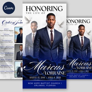 Op de afbeelding: Een uitvaartprogramma sjabloon met een man in een marineblauw pak en das, met de tekst HONORING THE LIFE OF MARCUS LORRAINE, AUGUST 12, 1948 - APRIL 6, 2026, NEW HOPE BAPTIST CHURCH, ORLANDO, FLORIDA, en een Order of Service lijst met witte duiven.