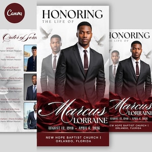 May include: A funeral program template featuring a portrait of a man in a black suit and tie, set against a background of deep red roses and white doves. The text reads Honoring the Life of Marcus Lorraine, August 12, 1948 - April 6, 2026.