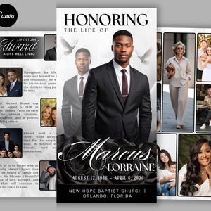 May include: A funeral program template featuring a portrait of a person in a black suit, white shirt, and dark tie. The text reads HONORING THE LIFE OF, Marcus Lorraine, August 12, 1948 - April 6, 2026, and New Hope Baptist Church, Orlando, Florida.