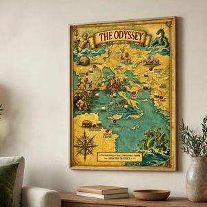 May include: A rectangular wall poster titled The Odyssey, featuring a vintage-style map of the Mediterranean with illustrations of mythological creatures, ships, and a compass rose, tracing a red dotted path from Troy to Ithaca on aged paper.