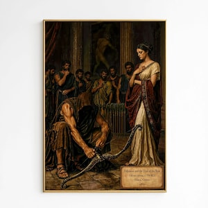 May include: A framed art print depicting a scene titled Odysseus and the Trial of the Bow. A hooded figure kneels, stringing a bow, while a woman in a cream and maroon robe stands nearby. A group of men watches in the background of the hall.