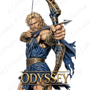 May include: A muscular blonde archer with a beard wears a blue tunic and gold armbands while drawing a bow with an arrow. The bow features intricate gold and blue detailing. Below the figure, the word ODYSSEY is written in large gold letters.