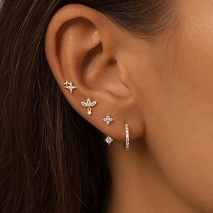 Dainty Ear Stack Earrings Set of 4, Gold or Silver Multiple Piercing Earrings, CZ Huggie Hoop Stud Set, Mix Match Earrings for Women