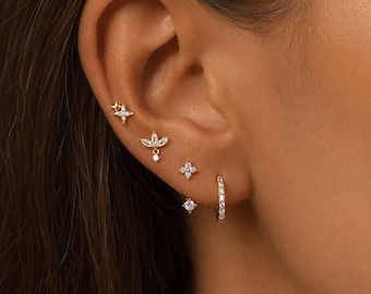 Dainty Ear Stack Earrings Set of 4, Gold or Silver Multiple Piercing Earrings, CZ Huggie Hoop Stud Set, Mix Match Earrings for Women