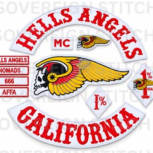 May include: A set of embroidered patches featuring a large white arched top rocker with red HELLS ANGELS text, a bottom rocker with CALIFORNIA text, a central winged skull emblem, a diamond-shaped 1% patch, and rectangular name tags with text.