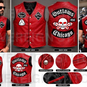 Könnte beinhalten: Eine rote Lederweste mit silbernen Druckknöpfen, Seitentaschen und einer Innentasche. Die Vorderseite zeigt Aufnäher mit Texten wie God Forgives Outlaws Don't und Outlaws MC. Die Rückseite zeigt eine große Totenkopf- und Kolbengrafik mit dem Text Outlaws MC Chicago.