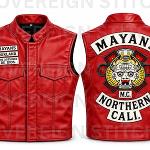 Op maat gemaakt leren Mayans MC CALI motorvest, gepersonaliseerd geborduurd motorvest, custom clubpatches en rockers
