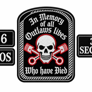 Outlaw Memorial Skull Embroidered Patch Set, 666 ADIOS 30 Second Biker Style Patches, Black Red White Motorcycle Vest Patches