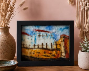 Needle Felted Wall Hanging Art. Handfelted Farmhouse Landscape. Framed Fiber Artwork.