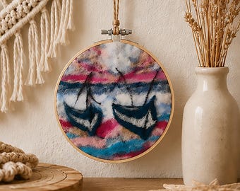 Sunset Coastal Decor. Pink Ocean Wall Art. Handcrafted Wool Painting.