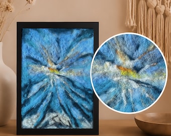 Abstract Fiber Wall Art, Blue Wool Painting, Needle Felted Textile Artwork, Modern Boho Decor