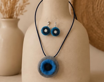Blue Felt Jewelry Set. Artisan Wool Necklace and Earrings.  Modern Gift for Her.