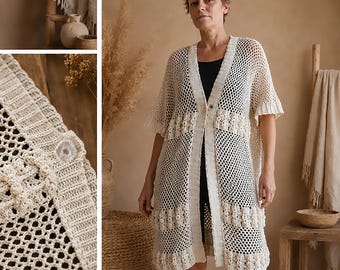 Plus Size Cotton Vest for Women. Hand Crocheted Natural Ecru Cardigan. Festival & Resort Knitwear.