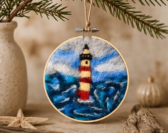 Hand Needle Felted Lighthouse Ornament, Coastal Christmas Decor, Nautical Tree Decoration