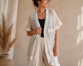 Hand Crocheted Cotton Kimono Cardigan. Women's Oversized Ecru Boho Cover Up. Lightweight Summer Waistcoat