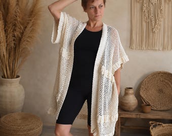 Boho Knitted Oversized Cardigan. Women's Cotton Vest. Hand Crocheted Lace Cardigan for Woman.