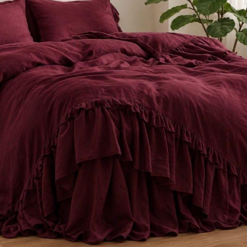 Rustic Style Linen Bedding With Double Ruffles, French Linen Bedding ...