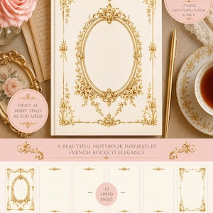 May include: A printable notebook featuring a cream-colored cover with an ornate gold oval frame and floral border. The set includes 10 lined pages, a front cover, and a back cover. Text on the image reads 10 PAGE PRINTABLE NOTEBOOK and 12 PAGES INCLUDING COVER & BACK.