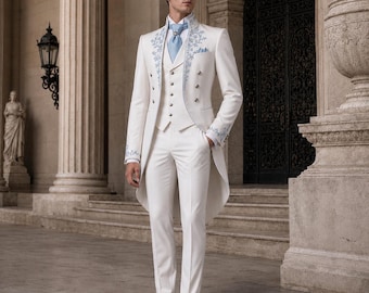 Traje victoriano blanco para hombre / Traje de tres piezas con frac / Atuendo de novio de lujo / Ropa formal inspirada en príncipes / Traje de boda a medida