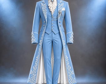 Men's blue Victorian Tailcoat Suit, Embroidered 3 Piece Wedding Suit, Luxury Groom Formalwear, Royal Prince Wedding Outfit, Custom Tailored