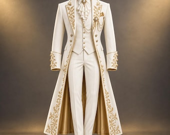Men's Ivory Victorian Tailcoat, Gold Embroidered Gothic Wedding Suit, Luxury Groom Formalwear, Royal Prince Wedding Outfit, Custom Made