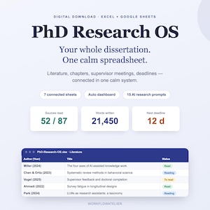 Proefschriftplanner | Literatuuronderzoek-tracker | Dashboard voor de voortgang van het proefschrift | Logboek voor begeleidingsgesprekken | Excel Google Sheets