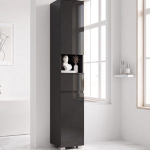 Tall Bathroom Storage Cabinet | High Gloss Slim Linen Tower with Drawer & Open Shelf | Narrow Freestanding Organizer