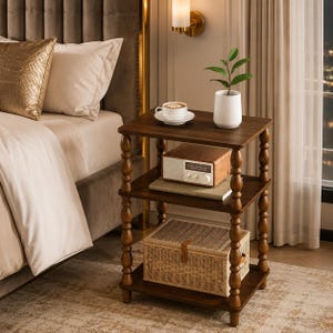 May include: A three-tier wooden side table with turned spindle legs. The top shelf holds a white ceramic cup on a saucer and a small white vase with a green plant. The middle shelf features a wooden radio on a book, and the bottom shelf holds a woven basket.