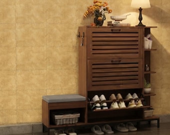 Shoe Cabinet with Bench, Flip Down Louvered Shoe Storage with Side Shelves & Hooks, Entryway Shoe Rack Organizer, Walnut, Natural Oak
