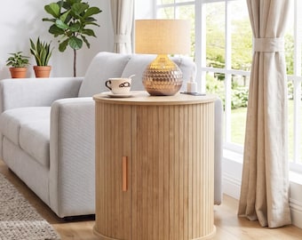 Round Wooden Nightstand with Charging Station, Fluted Side Table with Sliding Door Storage, Modern Farmhouse Bedside Table, 2 Colors