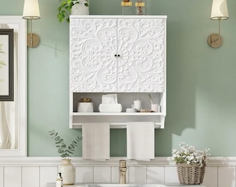 Floral Wall Cabinet with Towel Bar, Waterproof Bathroom Storage Over Toilet, Soft Close Medicine Cabinet, Housewarming Gift for Her
