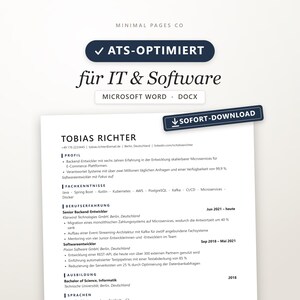 Op de afbeelding: Een digitaal cv-sjabloon voor Microsoft Word in DOCX-formaat. Het document bevat de naam Tobias Richter, een professioneel profiel, technische vaardigheden, werkervaring en opleiding. Inclusief de labels ATS-OPTIMIERT en SOFORT-DOWNLOAD.