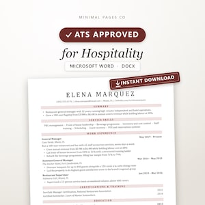 Hospitality Resume Template Word ATS Friendly Hotel Restaurant CV Server Manager Layout Food Service Editable Instant Download