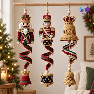May include: Three hanging crochet ornaments featuring a nutcracker king, a drummer soldier, and a decorative bell. Each ornament includes a spiral ribbon tail in red, green, and white, accented with wooden beads and gold-colored thread details.