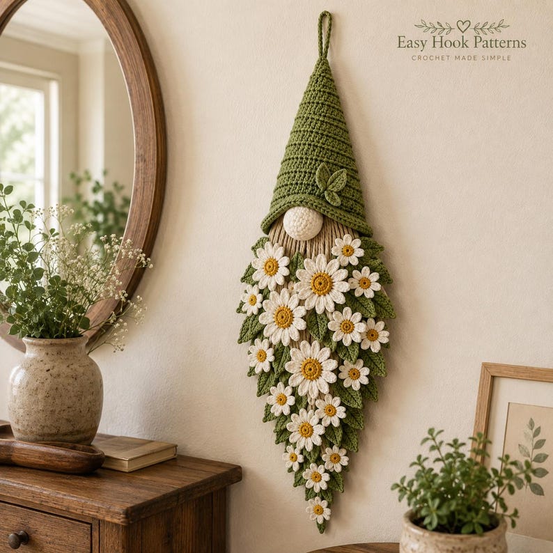 Op de afbeelding: Een gehaakte wandhanger in de vorm van een kabouter met een hoge groene puntmuts met een klein blaadje, een ronde beige neus en een lange baard bestaande uit talloze witte en gele madeliefjes afgewisseld met groene gehaakte bladeren. Tekst: Easy Hook Patterns.