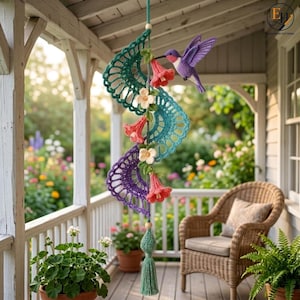 Puede incluir: Un móvil colgante de ganchillo que presenta un colibrí morado, tres flores rosas en forma de trompeta y dos flores blancas unidas a una estructura en espiral de color verde azulado y morado, con una borla verde claro al final.